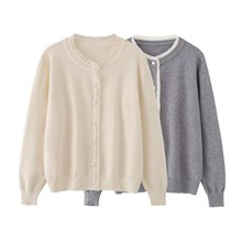 2497-25秋季新款 法式复古气质小香风珍珠纽扣花边开衫休闲针织衫