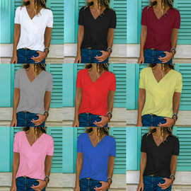 外贸春夏wish亚马逊欧美V领短袖无袖纯色T恤女装上衣YY0013