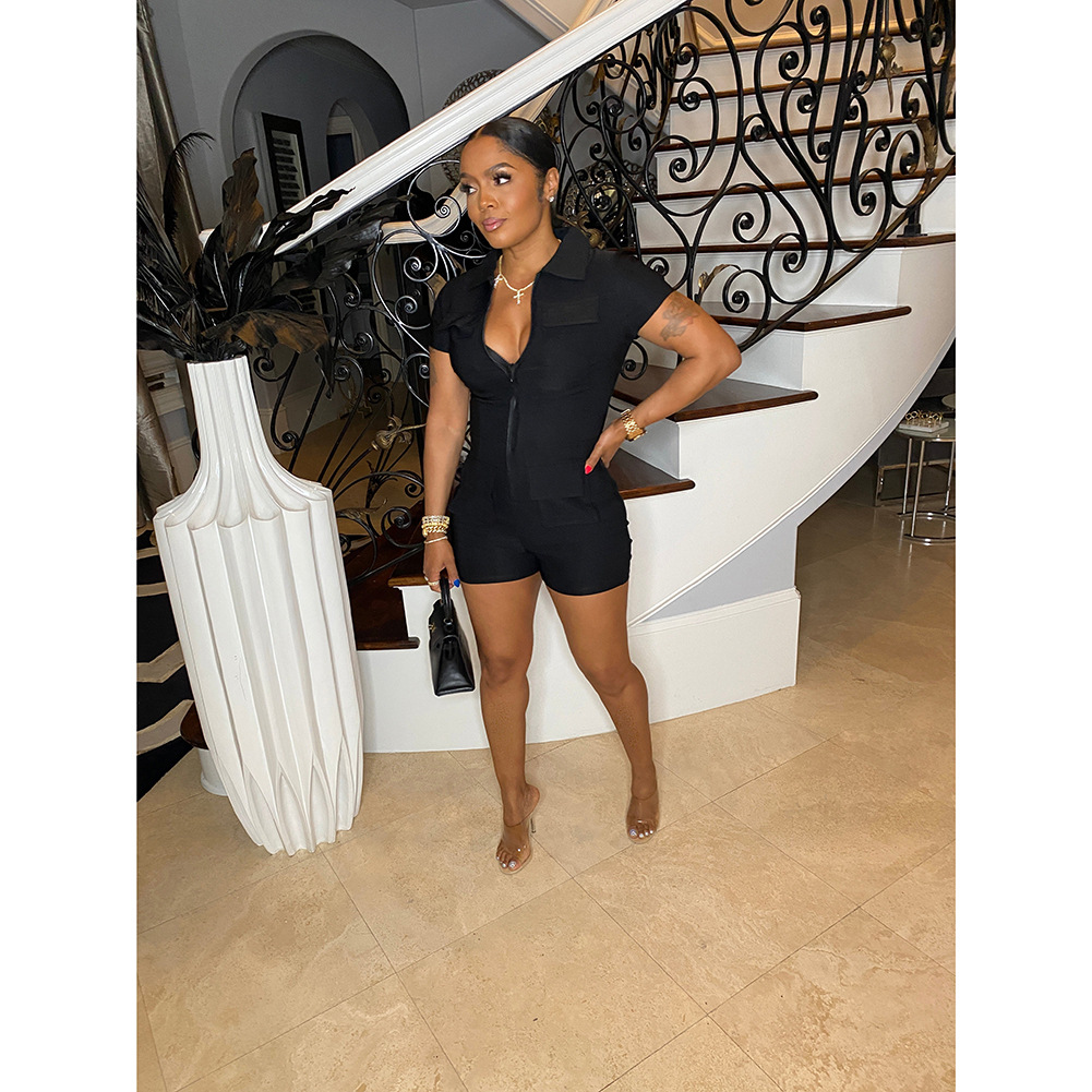 summer new zipper pocket solid color workwear jumpsuit_voghion.com