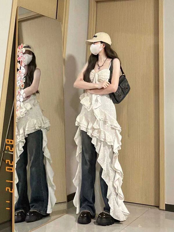 Sweet Spice Girl Ruffled Sling dress Fairy Summer Floral Dress Irregular Elegant Seaside Beach Long Dress