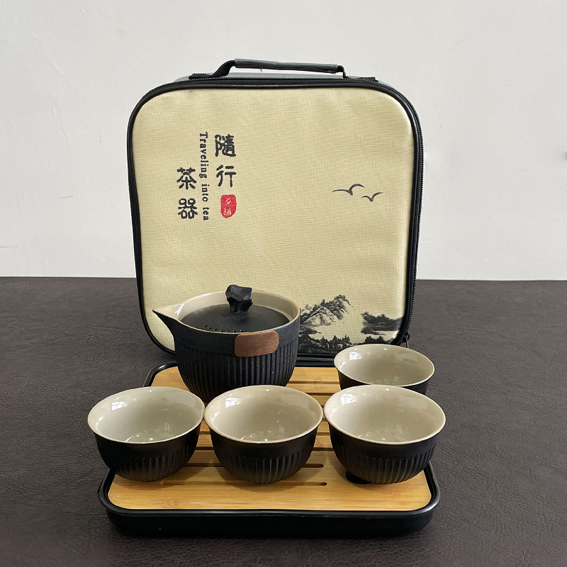 Black pottery kung fu tea set suit home car outdoor camping small set Japanese Express Cup hand-held pot portable travel