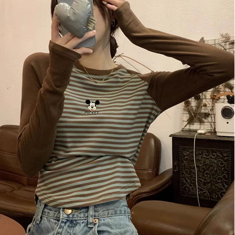 2026 New Color-Block Striped Casual Versatile Fleece-Lined Regular Shoulder Long-Sleeve T-Shirt for Women, Age-Reducing Thickened Top, Base Layer Shirt 2026 New Color-Block Striped Casual Versatile Fleece-Lined Regular Shoulder Long-Sleeve T-Shirt for Women, Age-Reducing Thickened Top, Base Layer Shirt