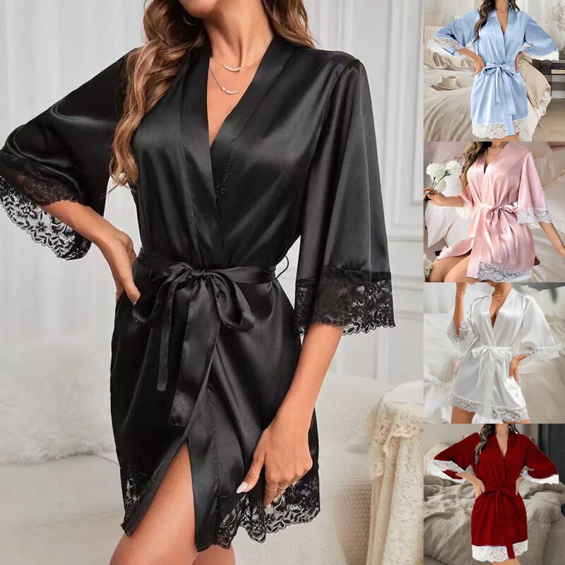 Cross-Border European and American Bridal Bathrobe, Long Robe, Mid-Sleeve Long Lace-Trimmed Nightgown, Lace-Up Home Casual Nightgown