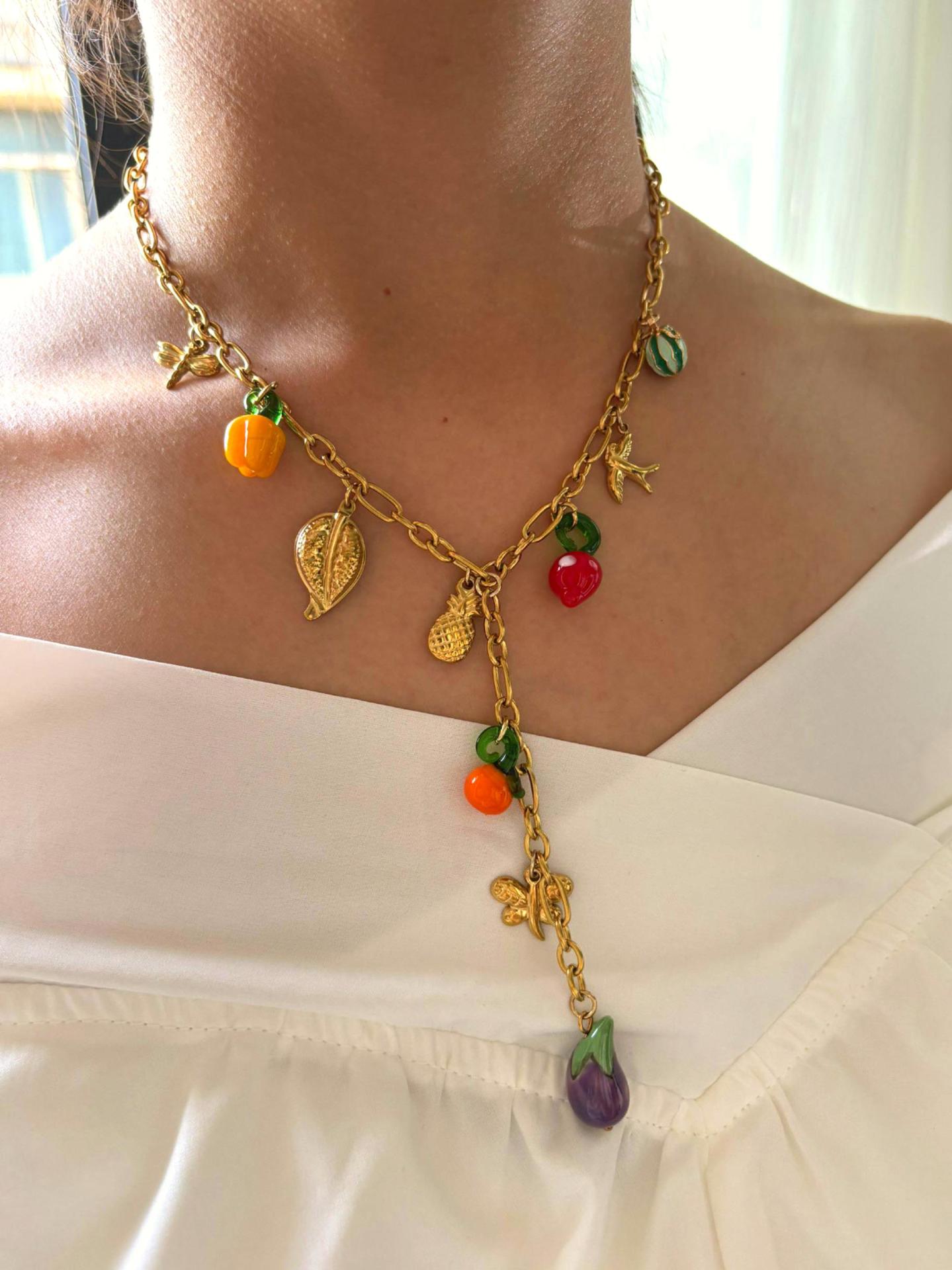 Multi Charms Necklace Classification 304 Stainless Steel Chain Material PVD Coated Real Gold Plated Fruit 304 Stainless Steel Glass Simple Style Classic Style Waterproof Non Tarnish Surgical Steel Plating Lobster Trigger Clasp Closure Multi Charms Necklace