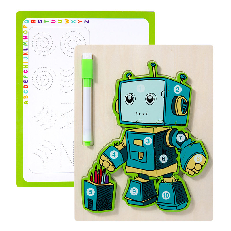 Juguetes de educación temprana de madera, rompecabezas de robots, tablero de dibujo, juguetes para niños, juguetes de rompecabezas de robots tridimensionales dos en uno