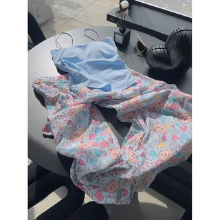 夏天甜美带胸垫吊带睡衣女款可出门卡通印花长裤大码家居服套装夏
