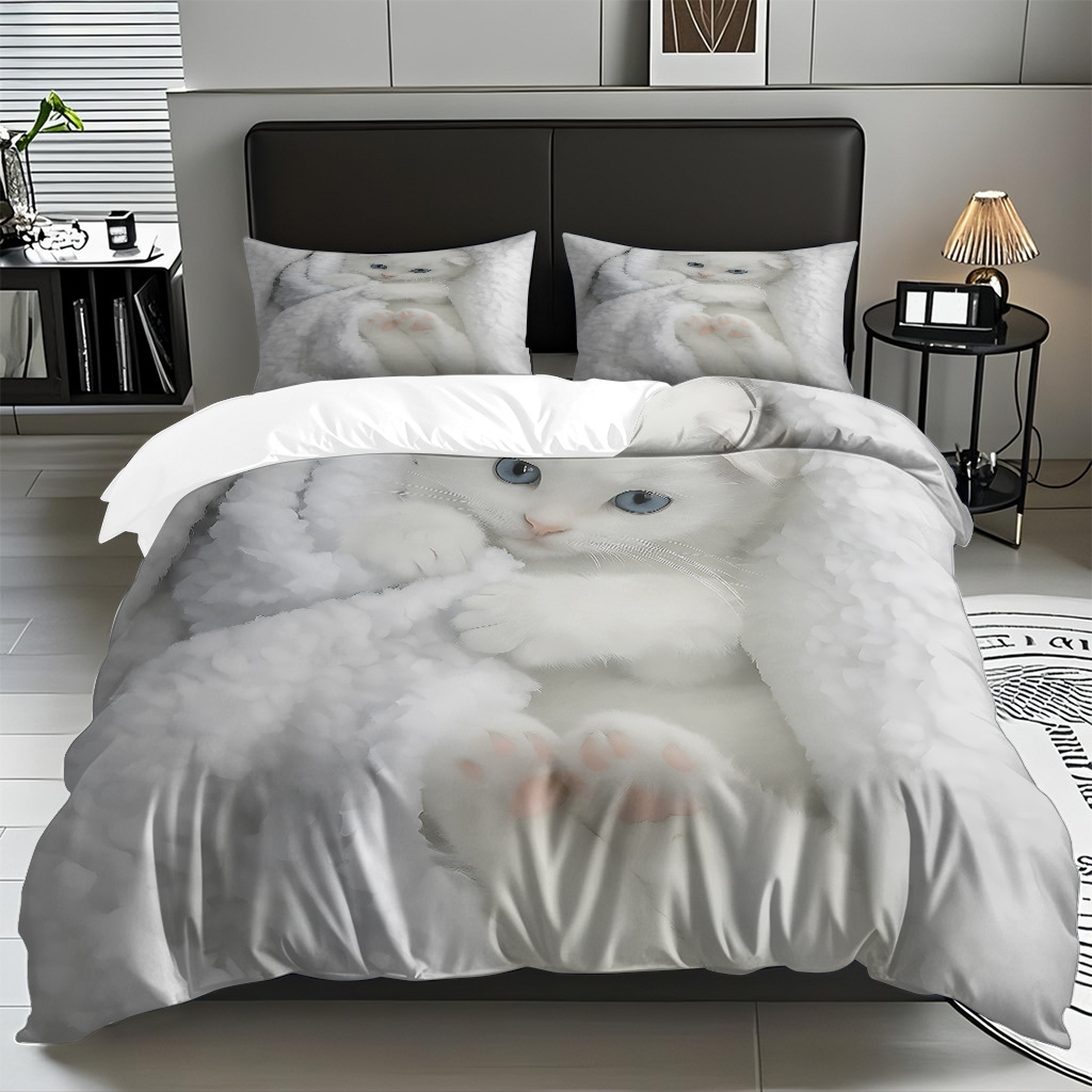 TEMU / JIT adorable gatito impresión digital suave set de colcha de edredón textil para el hogar se puede diseñar venta directa de fábrica