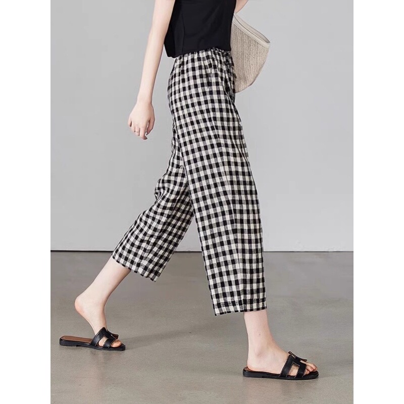 Petite Plaid Cropped Straight-Leg Pants, Cotton Summer Thin Style, Casual Slimming Houndstooth Straight-Leg Pants A5225