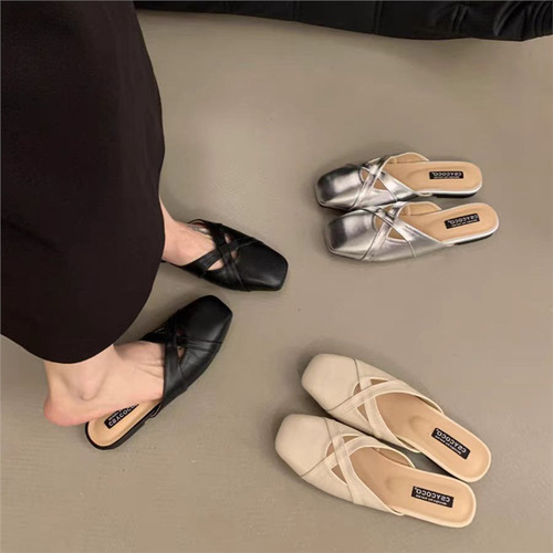 French style bow head sandals women's retro versatile square head Korean version cross belt shallow mouth back empty bow head half drag 