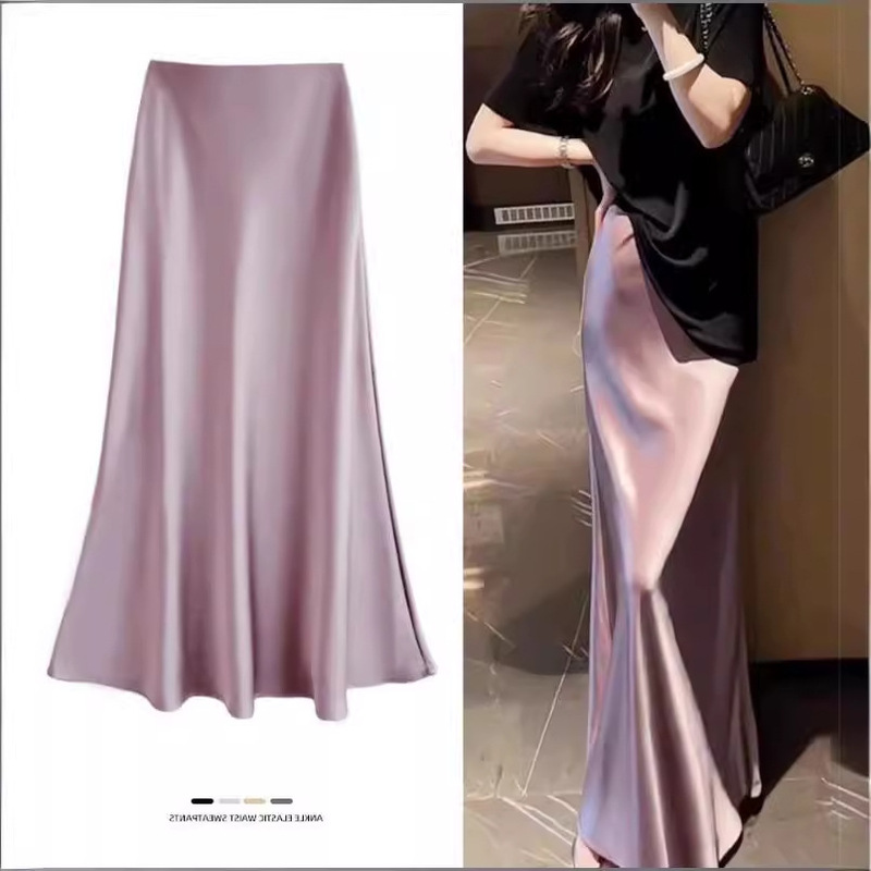 High Waist Slimming Mid-length Skirt Women's Acetic Acid Satin Hip Fishtail Long Skirt 2025 Spring and Summer Dipped Skirt High Waist Slimming Mid-length Skirt Women's Acetic Acid Satin Hip Fishtail Long Skirt 2025 Spring and Summer Dipped Skirt