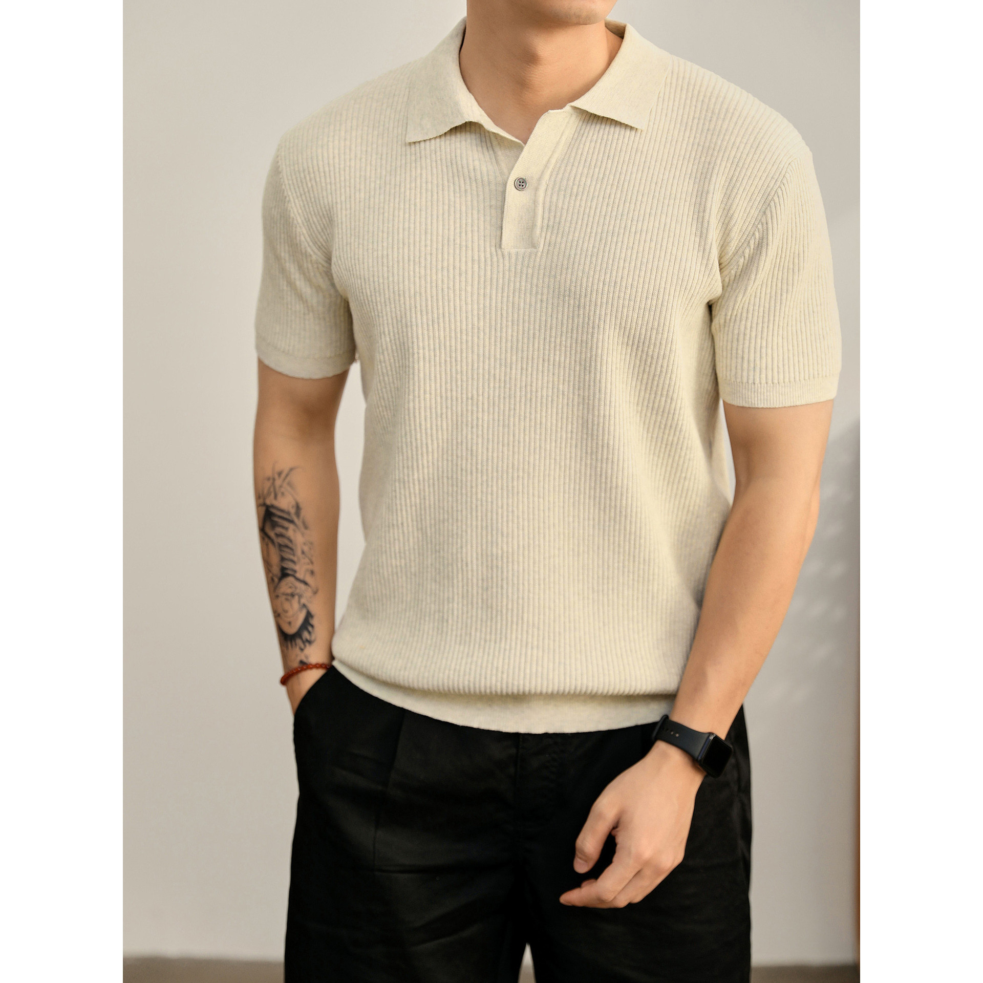Polo camiseta de punto camiseta de manga corta camiseta de hombre cuello en V Paul rayas viejas líneas de negocios de verano fábrica transfronteriza mayorista