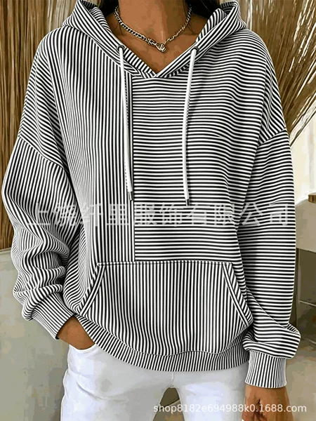 Cross-Border European and American Style Long-Sleeve Striped Print New Autumn Casual Loose Fashion Hooded Pocket Women's Sweatshirt