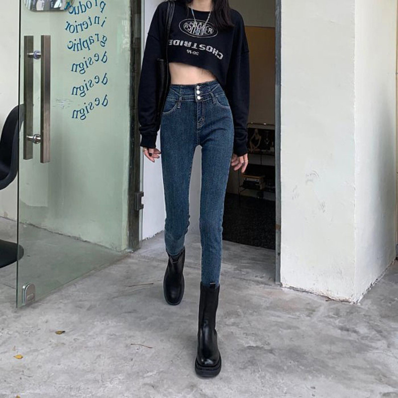 Abdominal Tinker Super High-waist Jeans Women's Autumn and Winter Three-button Elastic Foot Tight Hip Nine-point All-match Pencil Pants
