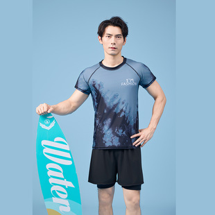 30 Years of Swimsuit Factory 2025 Fashionable Men's Swimming Suit Anti-Embarrassment Swimming Trunks Short-Sleeved Round Neck Swimming Two-Piece Set
