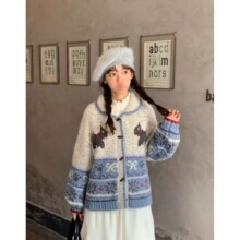 2025秋冬费尔岛翻领设计感提花费尔岛卡通毛衣外套女新款慵懒风