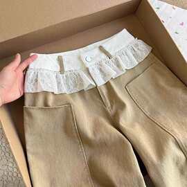 卡其色裤子小众蕾丝花边牛仔裤阔腿裤女秋季别致高腰直筒裤拖地裤