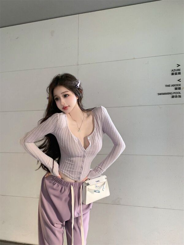 芋泥紫色长袖开衫女2025秋季甜辣妹内搭打底衫修身低u领短款上衣|undefined