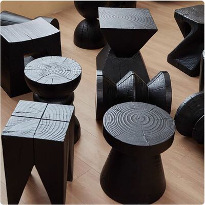 北欧风碳化木墩实木圆凳原木凳子民宿设计边几矮凳换鞋凳床头柜|ru