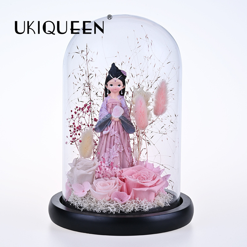 Viento chino eterno flor rosa muñeca cubierta de vidrio día del maestro regalo de cumpleaños para maestros y niños decoración de alta calidad