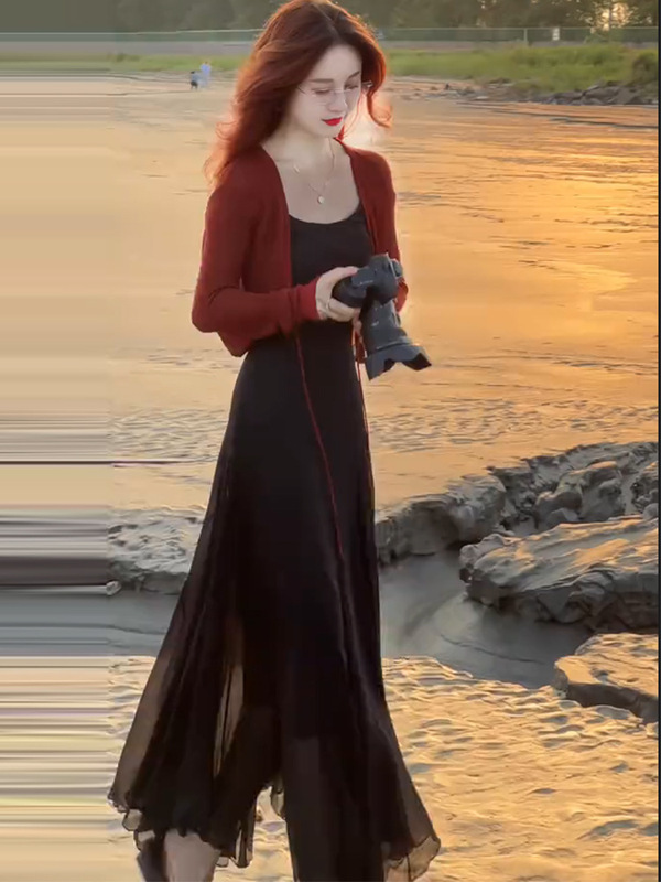 Fashionable Summer Dress for Women, Slimming Ice Silk Knit Sun-Protective Top and Spaghetti Strap Long Dress Two-Piece Set Fashionable Summer Dress for Women, Slimming Ice Silk Knit Sun-Protective Top and Spaghetti Strap Long Dress Two-Piece Set