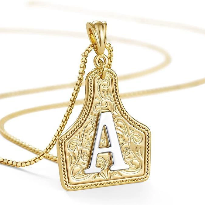 Cross-Border Popular Light Luxury Western Cowboy 26-Letter Necklace Copper Plated with 14K Gold High-End Embossed Sweater Chain