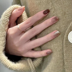 秋冬暈染琥珀棕咖美甲片穿戴甲指甲片顯白簡約短款假指甲片可拆卸