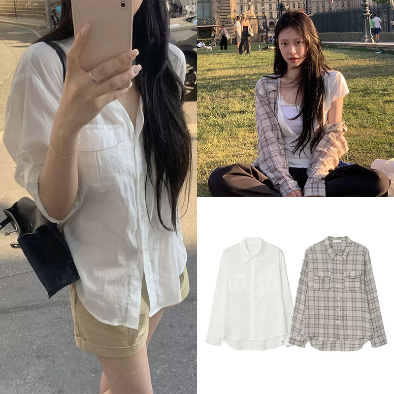 FanShun·XH Korean-style loose-fitting collared single-breasted long-sleeve shirt, Dongdaemun autumn new pocket plaid top FanShun·XH Korean-style loose-fitting collared single-breasted long-sleeve shirt, Dongdaemun autumn new pocket plaid top