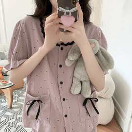 批发货源 纯棉睡衣韩版圆点花边蕾丝双层棉纱家居服短袖短裤套装