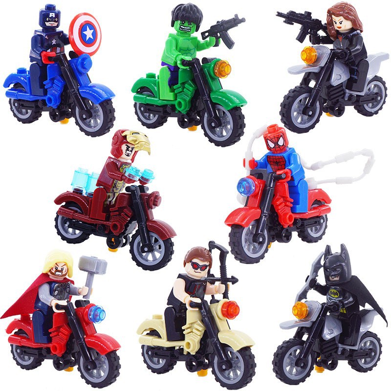 Cross-Border Wholesale of Hero Riding Motorcycle Building Block Minifigure Sets, Small Particle Assembly Super Doll Toys in Bags