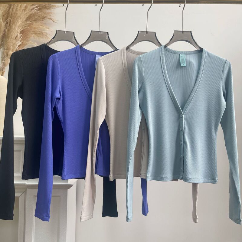 Skims Same Style V Neck Single-Breasted Modal Ribbed High-Elastic Cardigan Slim Long-Sleeved Jacket Sports Fitness Wear