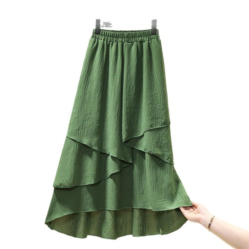 Plus-size women's summer fashion trendy casual comfortable loose textured cotton-linen irregular maxi skirt
