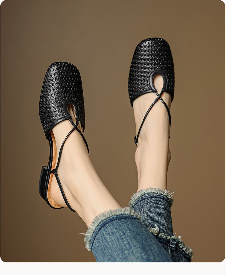 Sandal nữ Mary Jane quai chéo hở gót, gót thô 3 cm, mũi tròn bít — đen chi tiết 11