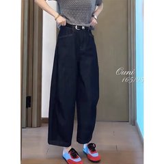 深蓝色九分弯刀牛仔裤女夏季新款高腰梨型身材小个子直筒阔腿裤