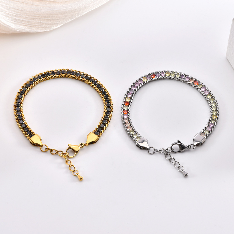 Trendy Stainless Steel Colored Diamond Zircon Bracelet, Light Luxury and Elegant Wristband, Fashionable and Versatile, Niche Personality Tennis Chain Jewelry