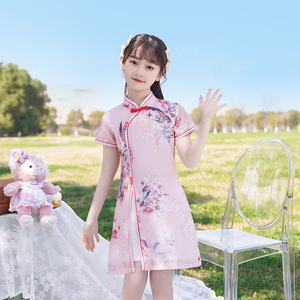 Girls summer dress summer thin section chiffon pink skirt brim to restore ancient ways of cultivate one&apos;s morality improved cheongsam princess dress