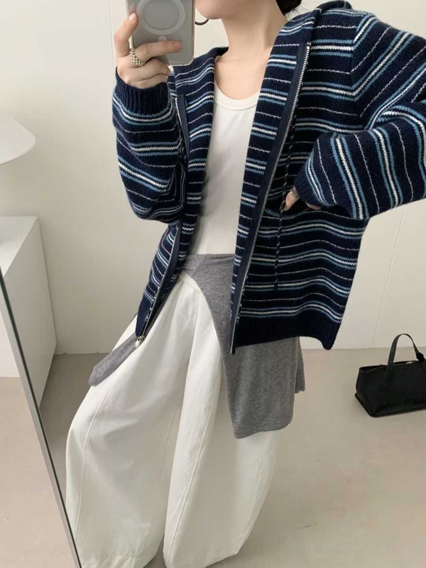 韩系风复古条纹撞色连帽针织毛衣女秋冬新款慵懒风百搭宽松连帽衫|undefined