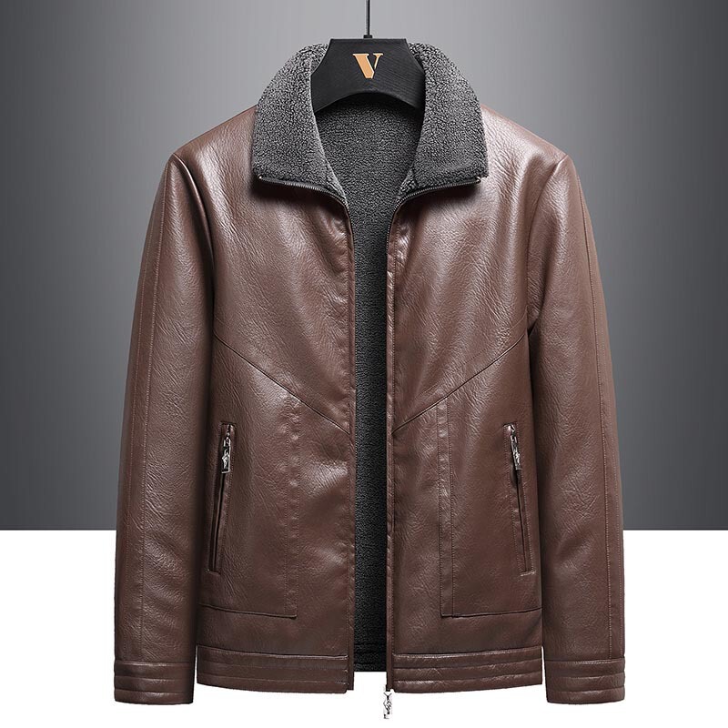 Holly Year Zipper Casual Hooded Spot Side Slit Pocket Lapel Straight Hem Black Winter Leather Coat