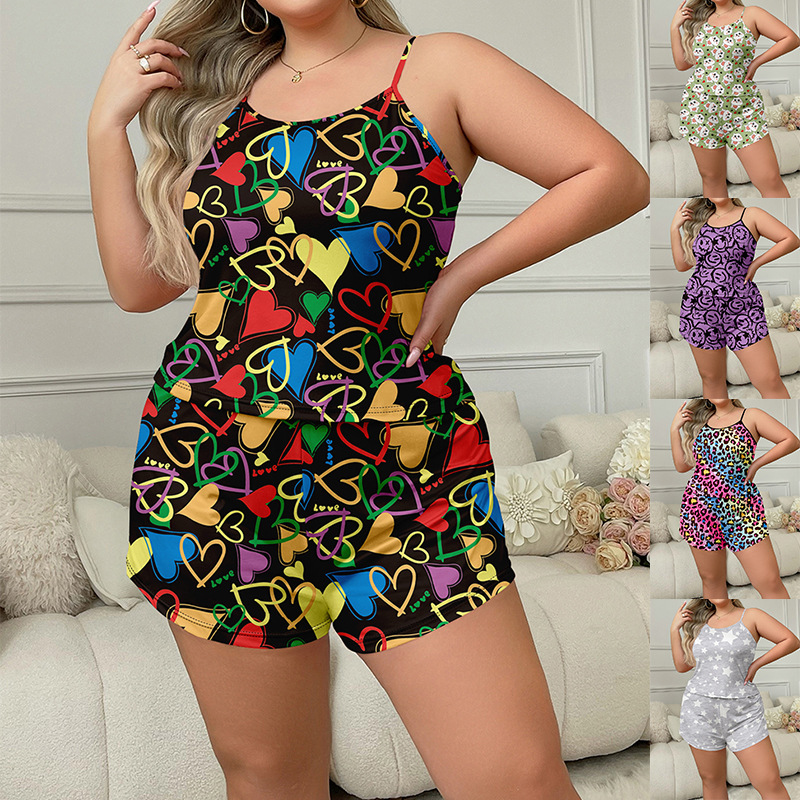 plus Size Women's Strappy Pajama Set European American Style Casual Loose Comfortable Shorts Sleepwear_voghion.com
