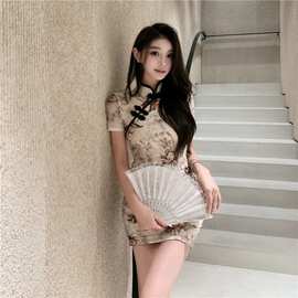 复古旗袍年轻款少女印花设计感收腰显瘦短款夏新中式连衣裙