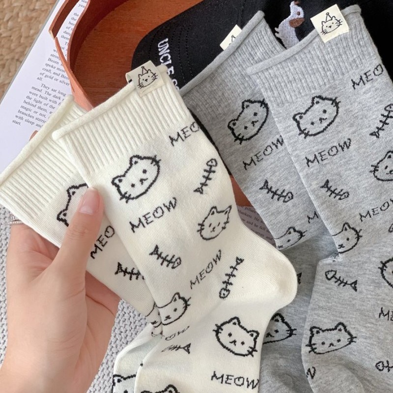 Mekki小猫秋季新款袜子女韩可爱卡通潮袜百搭无骨中筒袜舒适女袜|undefined