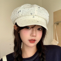 韩版甜美百搭烫银爱心贝雷帽秋冬休闲小香风八角帽子女时尚画家帽