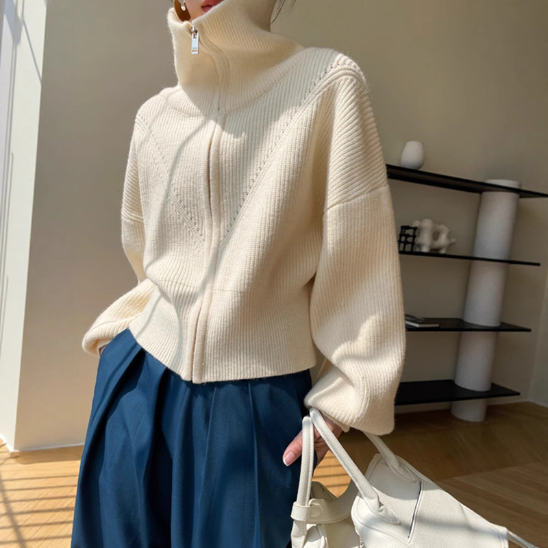 跨境慵懒风拉链针织开衫女2025秋冬感休闲宽松软糯毛衣外套上衣女|undefined