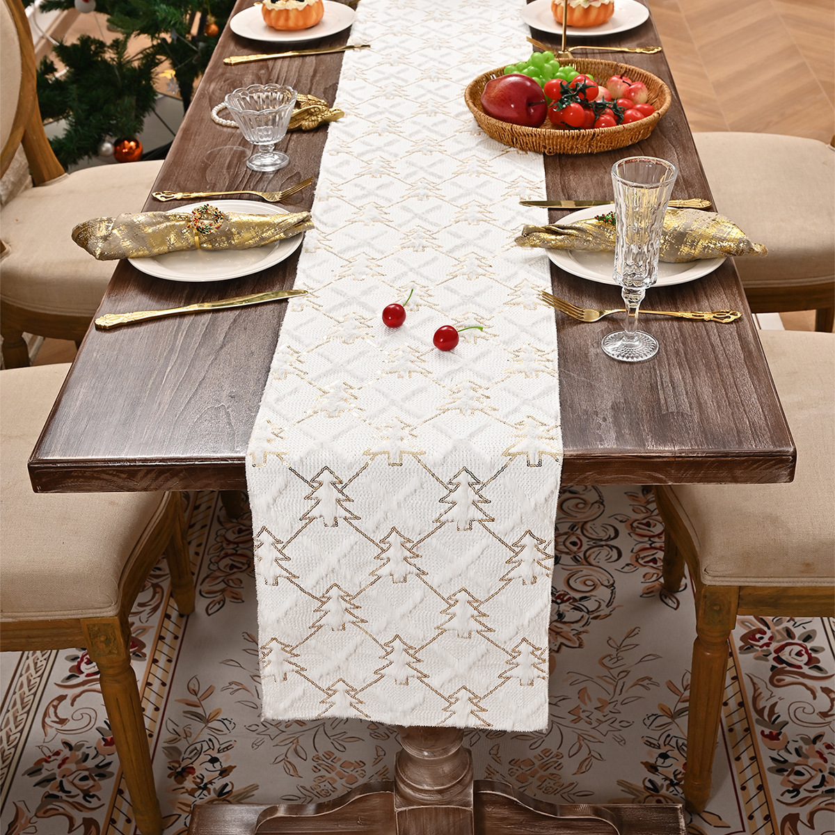 Transfronterizos nueva bandera de mesa de Navidad de pino dorado común Europa y América bandera de mesa de Navidad tela de mesa decoración TEMU