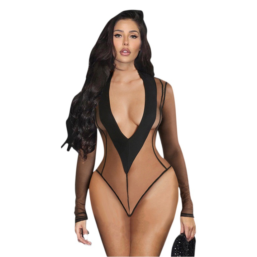D23BS247 transfronteriza ropa de mujer AliExpress 2023 europeo y americano nuevo cuello en V sexy perspectiva malla manga larga mono image 1