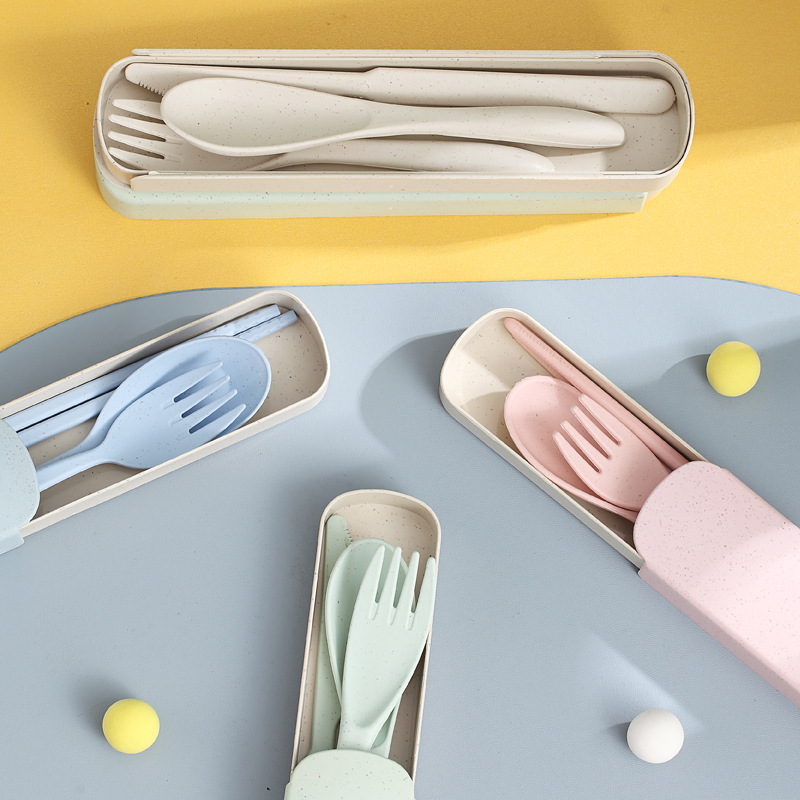 Wheat Straw Healthy Cute Chopsticks Fork Spoon Children's Set Korean Creative Food Supplemented Portable Tableware Three-piece Boxed