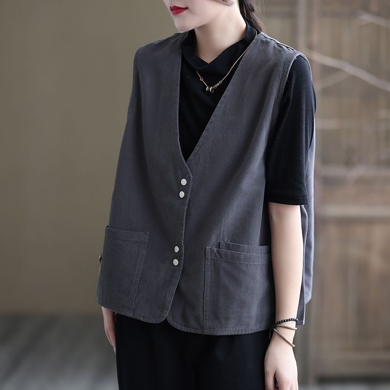 Literary Retro Cotton Vest for Women Spring, Summer and Autumn New Style Casual Loose Age-Reducing Outer Sleeveless Vest for Women New Style