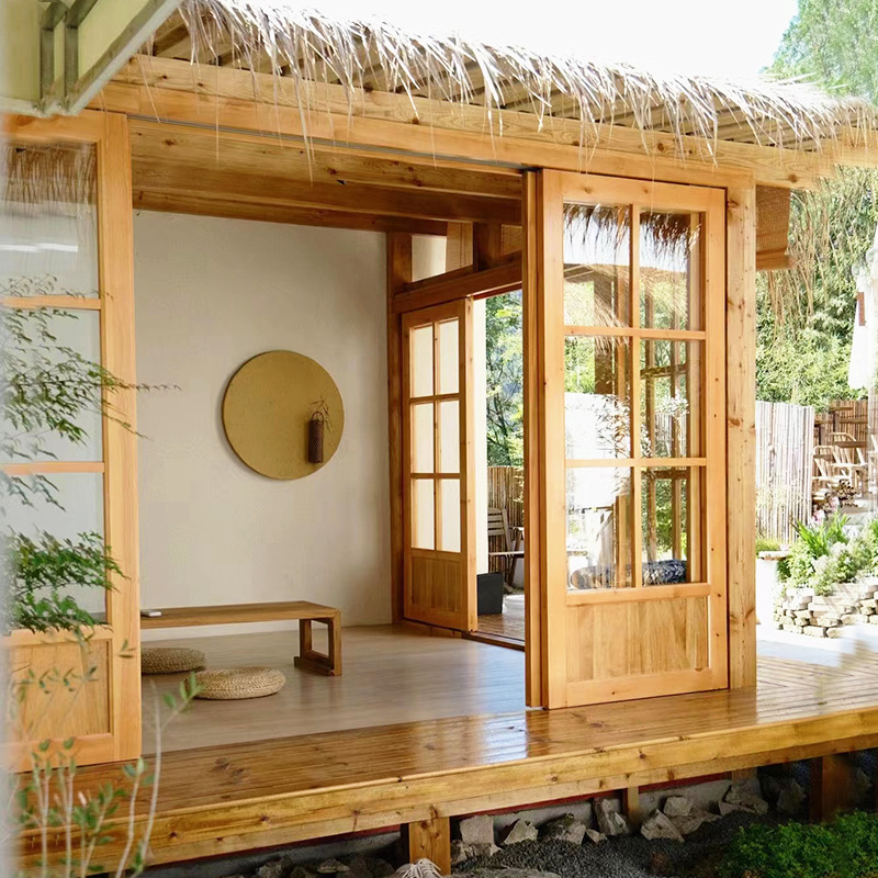 Outdoor net red thatched wooden house small house courtyard antiseptic wood outdoor landscaping farmhouse courtyard zen wooden house