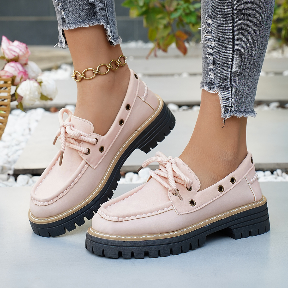 Mocassini da donna con lacci e borchie, tacco grosso, suola spessa, scarpe singole color block, novità autunno._voghion.com