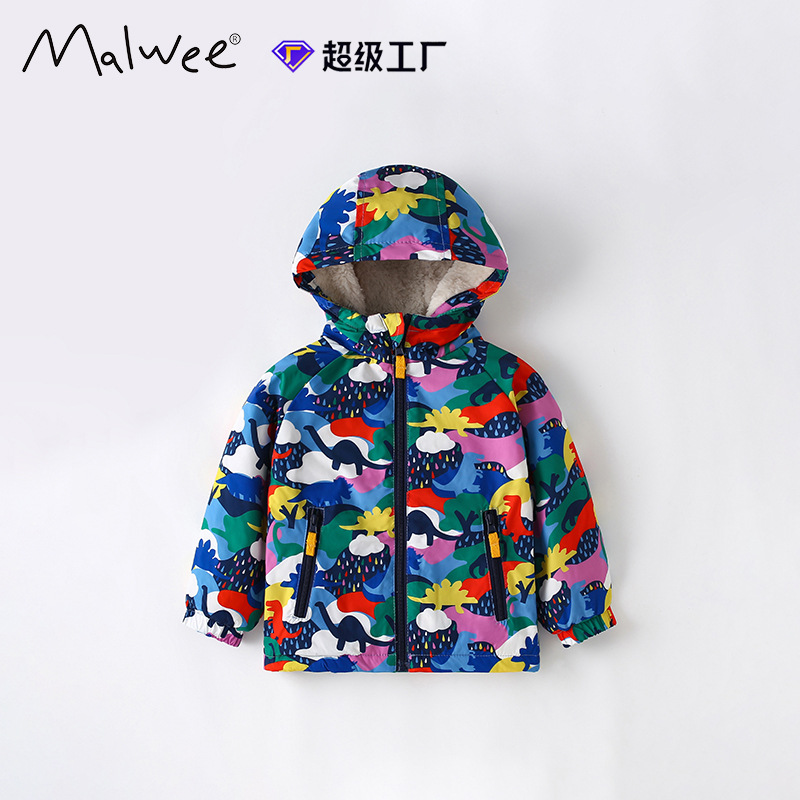 Malwee Girls' Thick Fleece-Lined Jacket, Autumn/Winter New Style, European and American Style, Casual Hooded Cardigan for Toddlers, Stylish Top