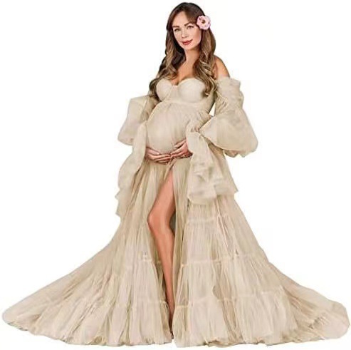 Nuevo cross-border caliente de tela de malla suave para fotos de mujeres embarazadas, vestido de mangas largas, falda de abdomen grande